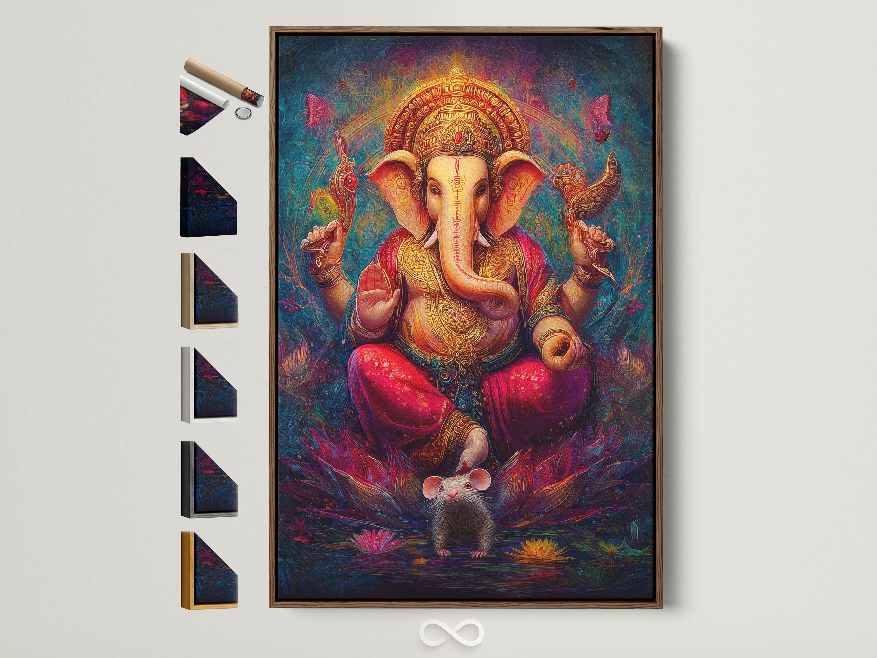 Ganesha Canvas Print in a brown frame is displayed with frame options. This Hindu God wall art adds spiritual bohemian decor to any meditation room. The colorful sacred artwork features an elephant god. It enhances Hindu home decor or a yoga studio with its religious canvas and boho style.
