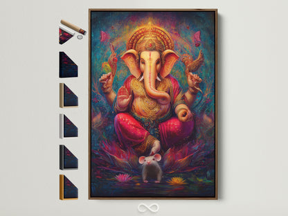 Ganesha Canvas Print in a brown frame is displayed with frame options. This Hindu God wall art adds spiritual bohemian decor to any meditation room. The colorful sacred artwork features an elephant god. It enhances Hindu home decor or a yoga studio with its religious canvas and boho style.