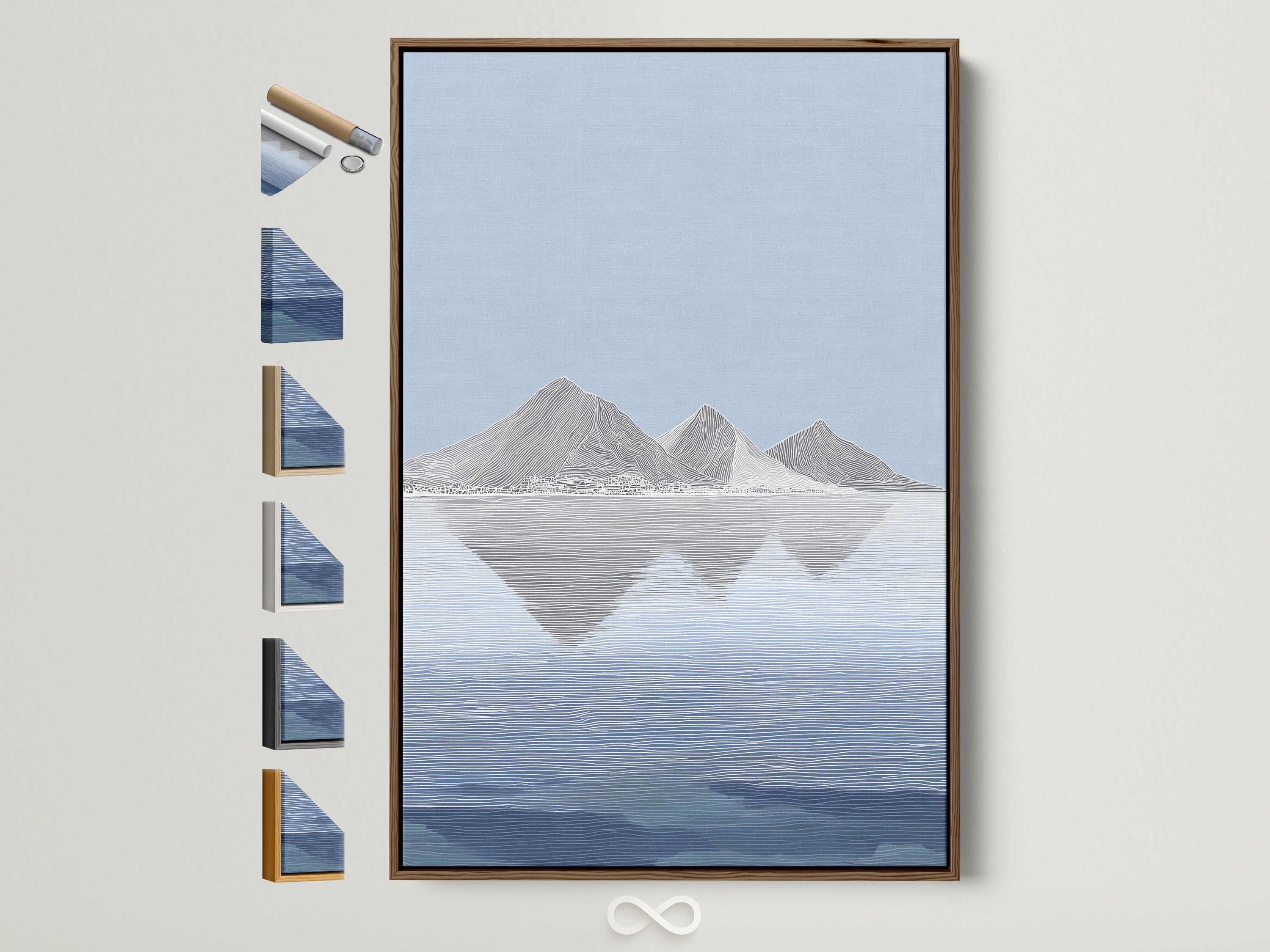 Explore framed art options. See our brown frame with various frame styles displayed. Find the perfect frame to complement your artwork. Discover our range of framing solutions today. We have frame options on the side. Elevate your space with our stylish frames.