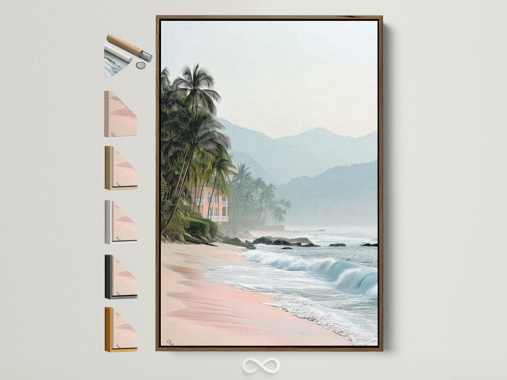 A captivating tropical beach canvas print is displayed with a brown frame. Frame options are visible on the side. The artwork features pink sand wall art. Coastal scenery evokes a serene vacation home decor atmosphere.