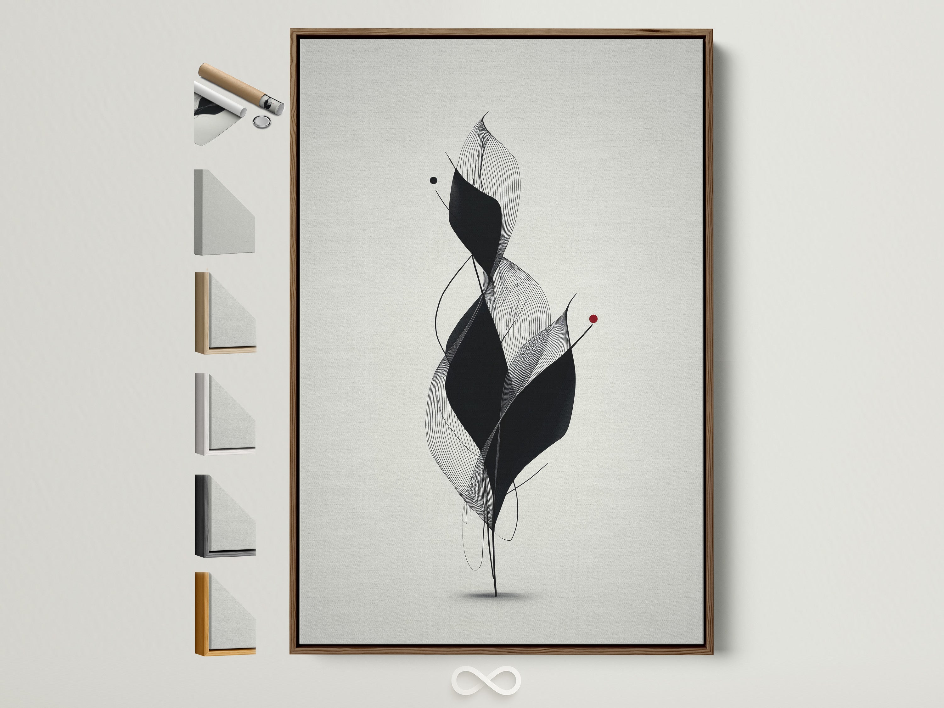 Artwork with a brown frame is displayed showcasing all available frame options. Find the perfect frame to complement your art. A range of frame styles is available. Decorate your space with framed art prints.