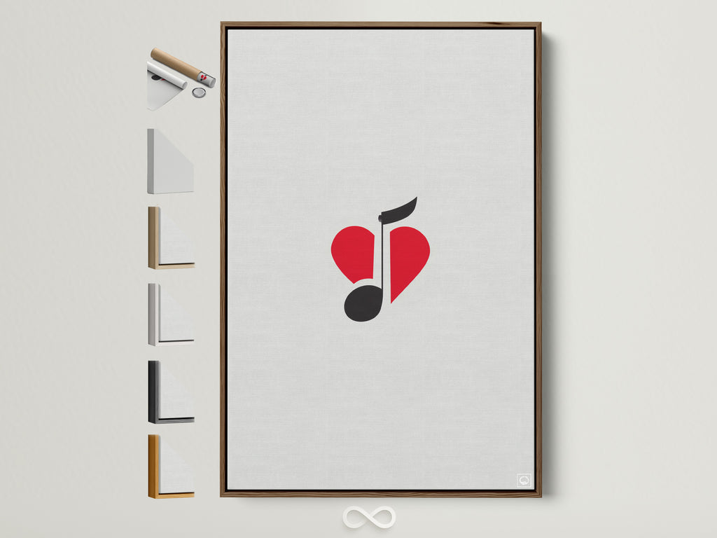 Music Note Heart Wall Art with a brown frame is displayed. This red and black music love print is minimalist. Perfect music poster for studio decor. Elevate your space with contemporary artwork.