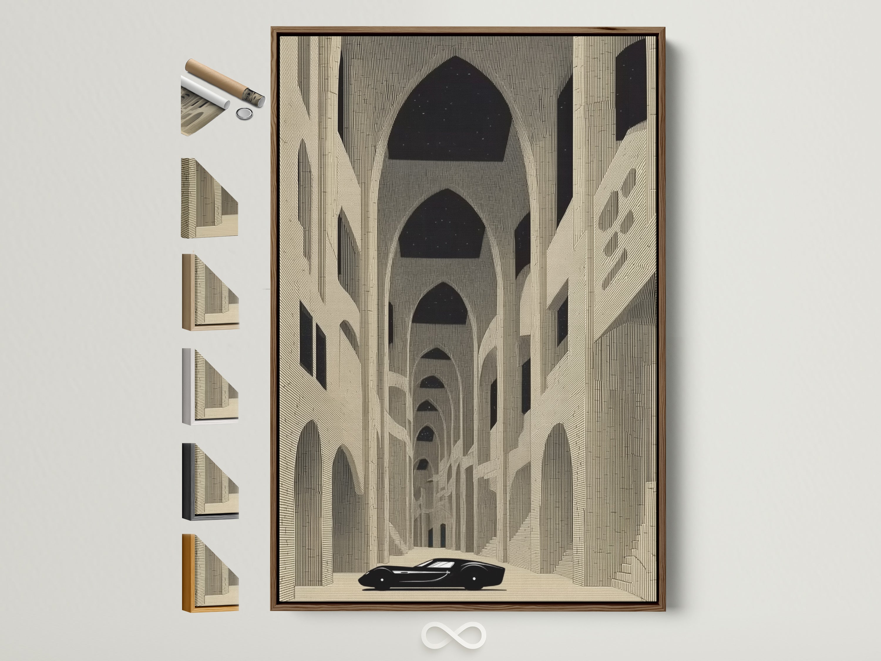 Explore frame options for gothic cathedral artwork. This brown frame is displayed alongside other frame styles. Enhance your vintage architecture wall art with various frame choices. Find the perfect frame to complement your medieval church canvas.