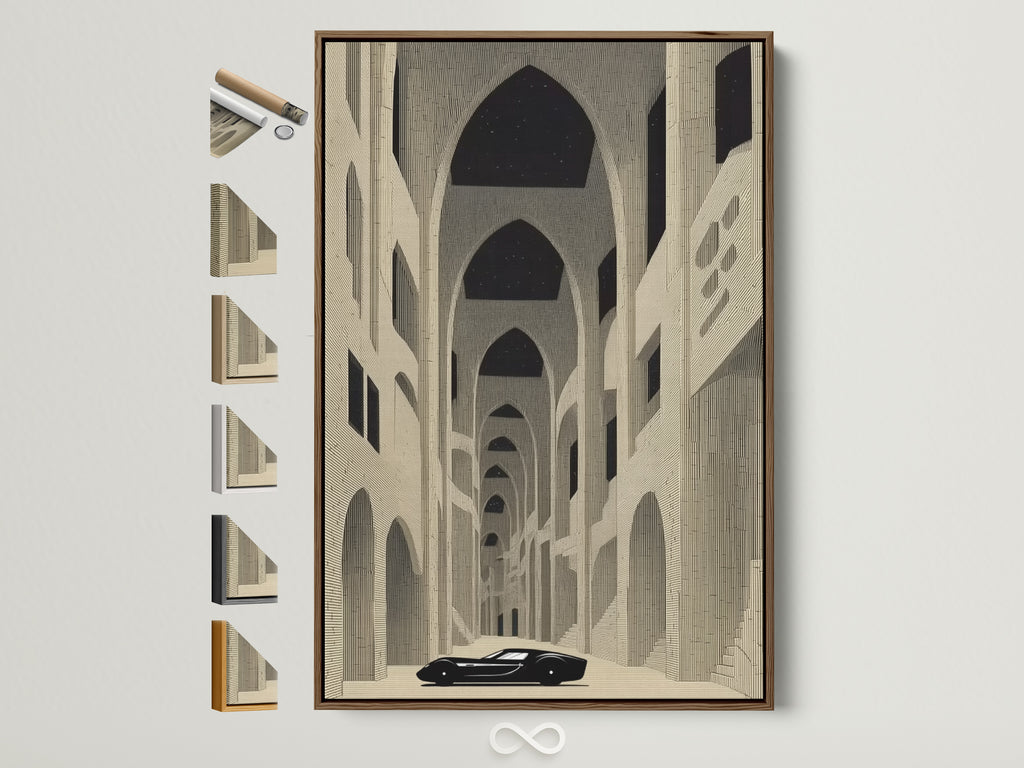 Explore frame options for gothic cathedral artwork. This brown frame is displayed alongside other frame styles. Enhance your vintage architecture wall art with various frame choices. Find the perfect frame to complement your medieval church canvas.