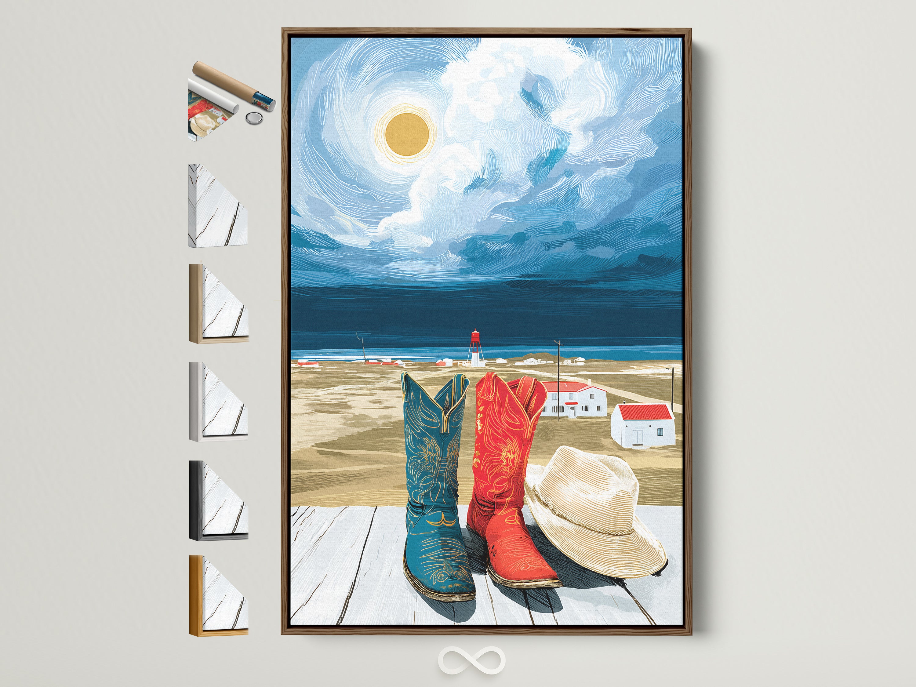 Coastal Cowboy Boots artwork in a brown frame. This nautical artwork brings a beach house vibe to any room. See all our frame options on the side. Perfect for entryway art. Discover our coastal canvas art today.