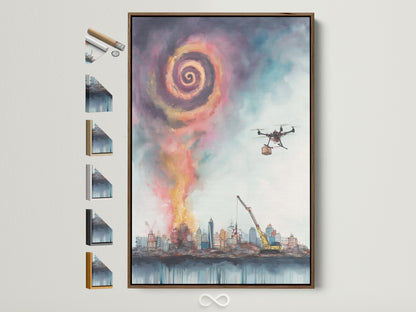 A surreal cityscape art print is displayed within a light brown frame. This contemporary artwork features a drone delivering packages above a modern city. The print is showcased alongside frame options offering a variety of choices. Perfect wall art for modern and eclectic spaces.