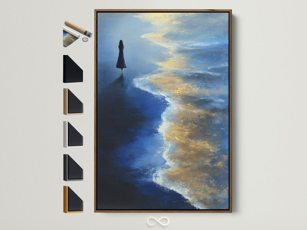 Ocean Solitude artwork with a brown frame. This wall art showcases a blue and gold seascape. Notice the frame options displayed on the side. Perfect modern wall decor for coastal or eclectic styles.