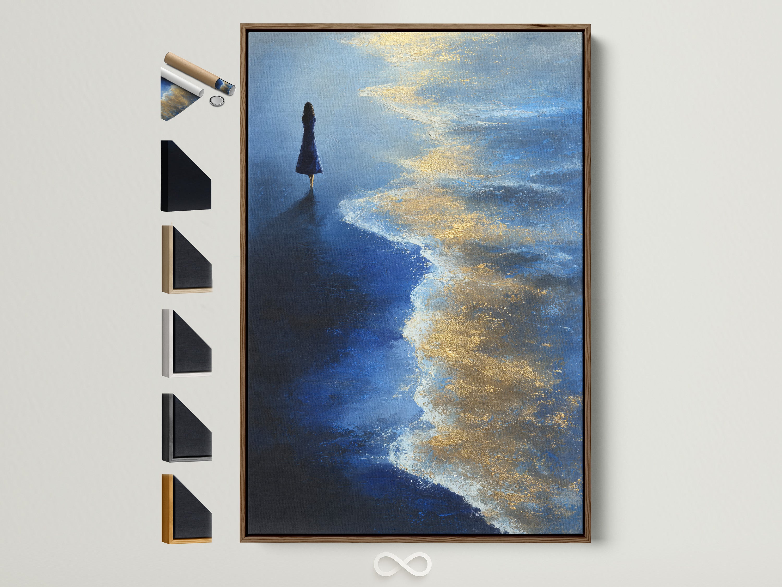 Ocean Solitude artwork with a brown frame. This wall art showcases a blue and gold seascape. Notice the frame options displayed on the side. Perfect modern wall decor for coastal or eclectic styles.