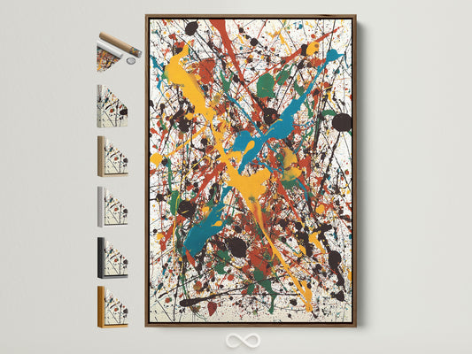 A vibrant abstract artwork is displayed in a brown frame. The artwork features splatters of yellow teal red green and black paint. All frame options are showcased. Explore the full range of framing possibilities for your artwork.