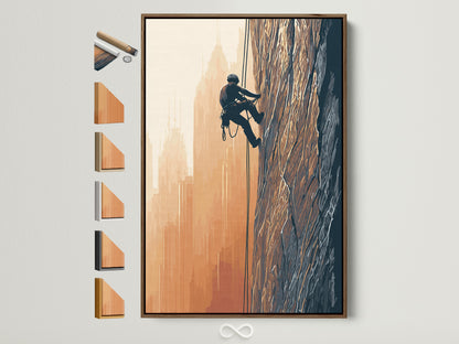 Rock climbing artwork in a brown frame. This adventure wall art features an urban mountainscape. The artwork is displayed with other frame options. Perfect office decor for adventure seekers.