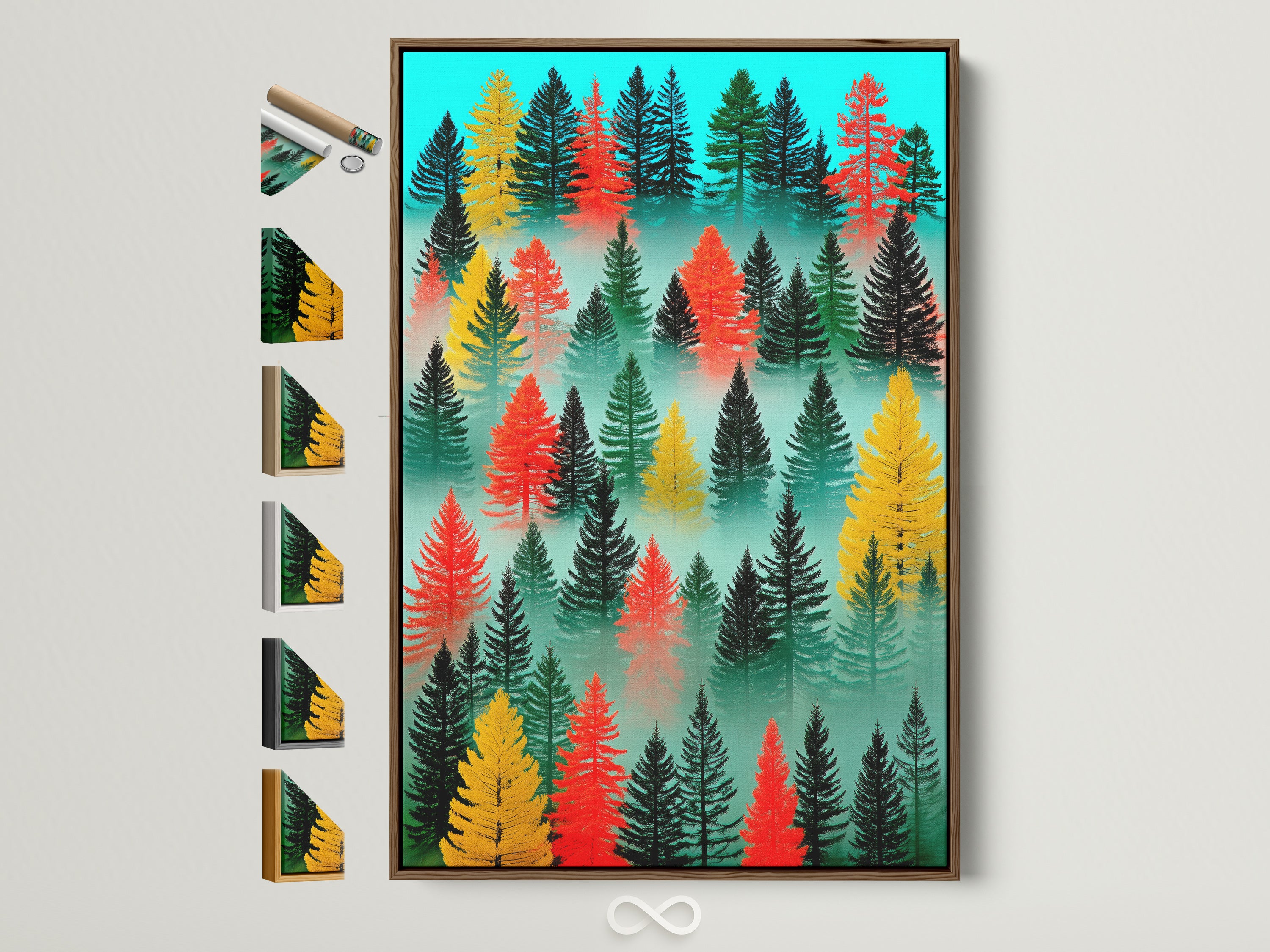 A colorful forest art print is displayed in a brown frame. This artwork adds a modern touch to any space. Explore frame options to customize your art. Find the perfect frame to complement your decor style. Enhance your home or office with this vibrant pine tree artwork.