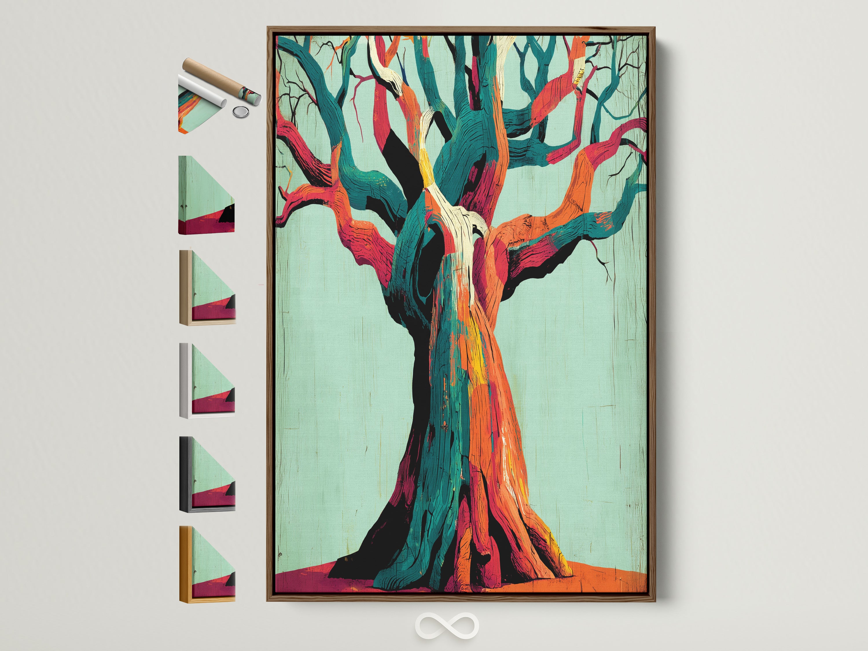 Abstract Tree Canvas Print with a Brown Frame. This botanical wall art brings modern nature artwork to your office wall decor. See all available frame options displayed beside the artwork.
