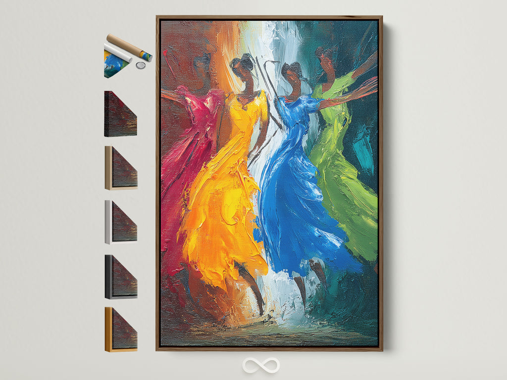 Dancing Figures colorful abstract artwork in a brown frame. Multiple frame options are displayed on the side. Elevate your space with vibrant movement wall art. Perfect for modern decor.