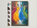 Dancing Figures colorful abstract artwork in a brown frame. Multiple frame options are displayed on the side. Elevate your space with vibrant movement wall art. Perfect for modern decor.