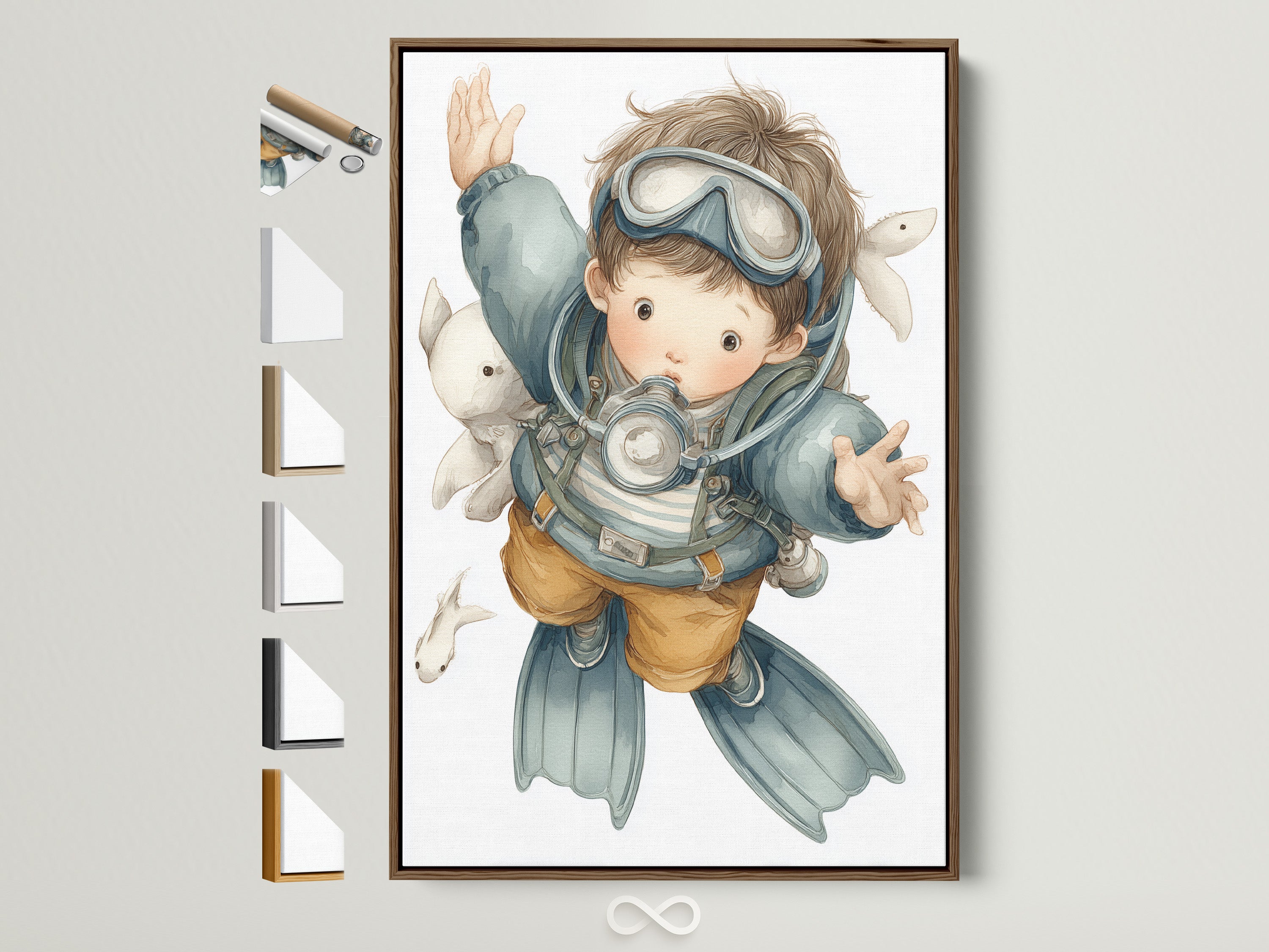 A charming scuba diver art print graces a wall with a light brown frame. Frame samples are displayed to the right. Perfect ocean nursery art for a kids room. This underwater artwork adds a splash of marine life to any wall. Explore the depths with this nautical kids art.
