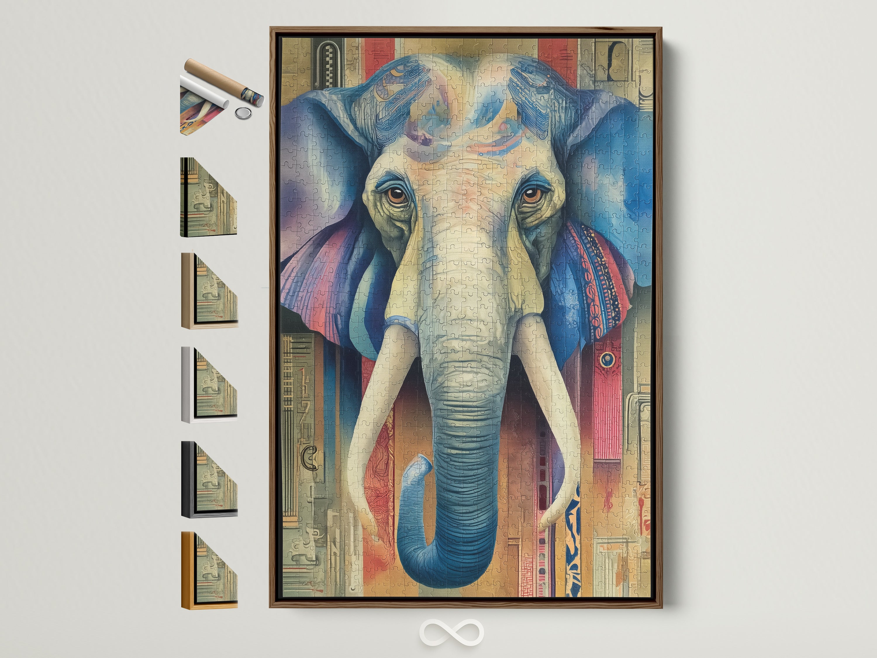 A captivating elephant artwork is framed in a natural brown wood. This vintage bohemian piece adds a global touch to any room. See frame options available here. Perfect for eclectic wall decor. The colorful animal print brings life to your boho home decor. Its intricate details and vibrant colors make it a unique statement piece.