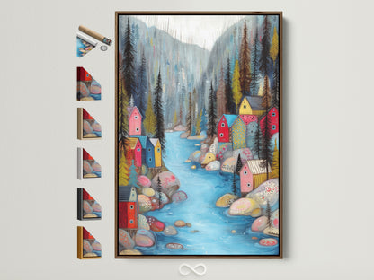 Village River artwork in a brown frame. The artwork features a vibrant forest scene with a blue river. Colorful houses line the riverbank. A whimsical and charming piece for any room. All frame options are displayed on the side. Find the perfect frame to complement your artwork.