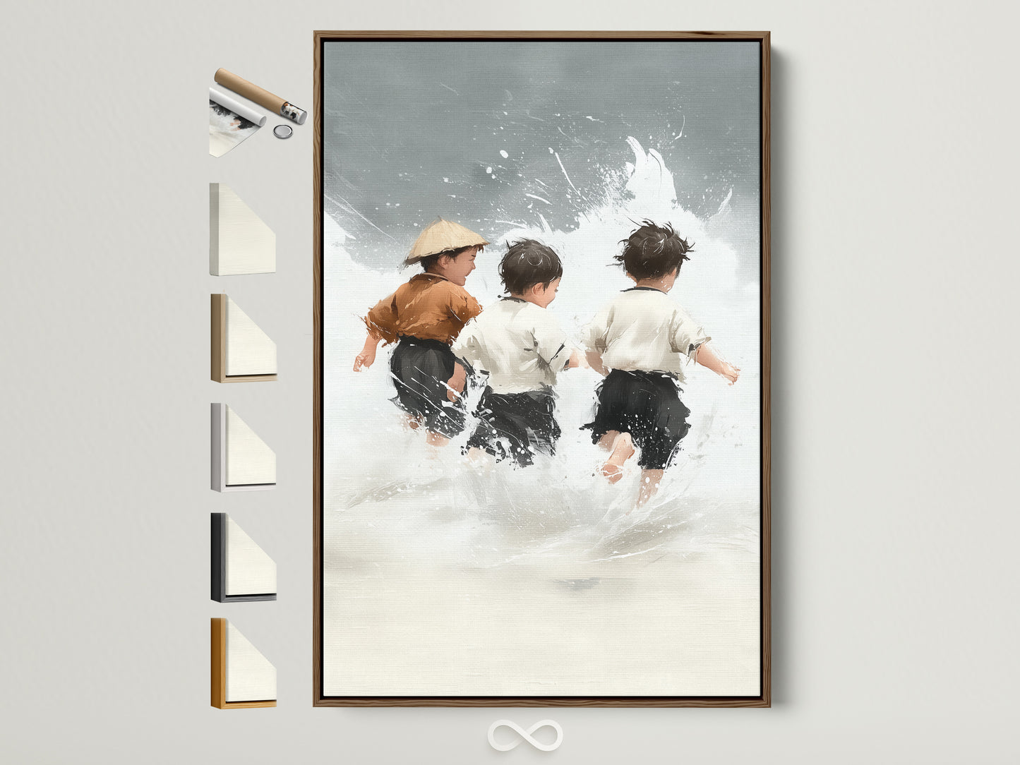 Children at Play artwork with a brown frame. Explore framed artwork options for nursery wall decor. This coastal wall art features neutral tones. Perfect for kids' rooms and beach-themed spaces. Find the ideal seascape print to complete your home decor. View all frame colors here.