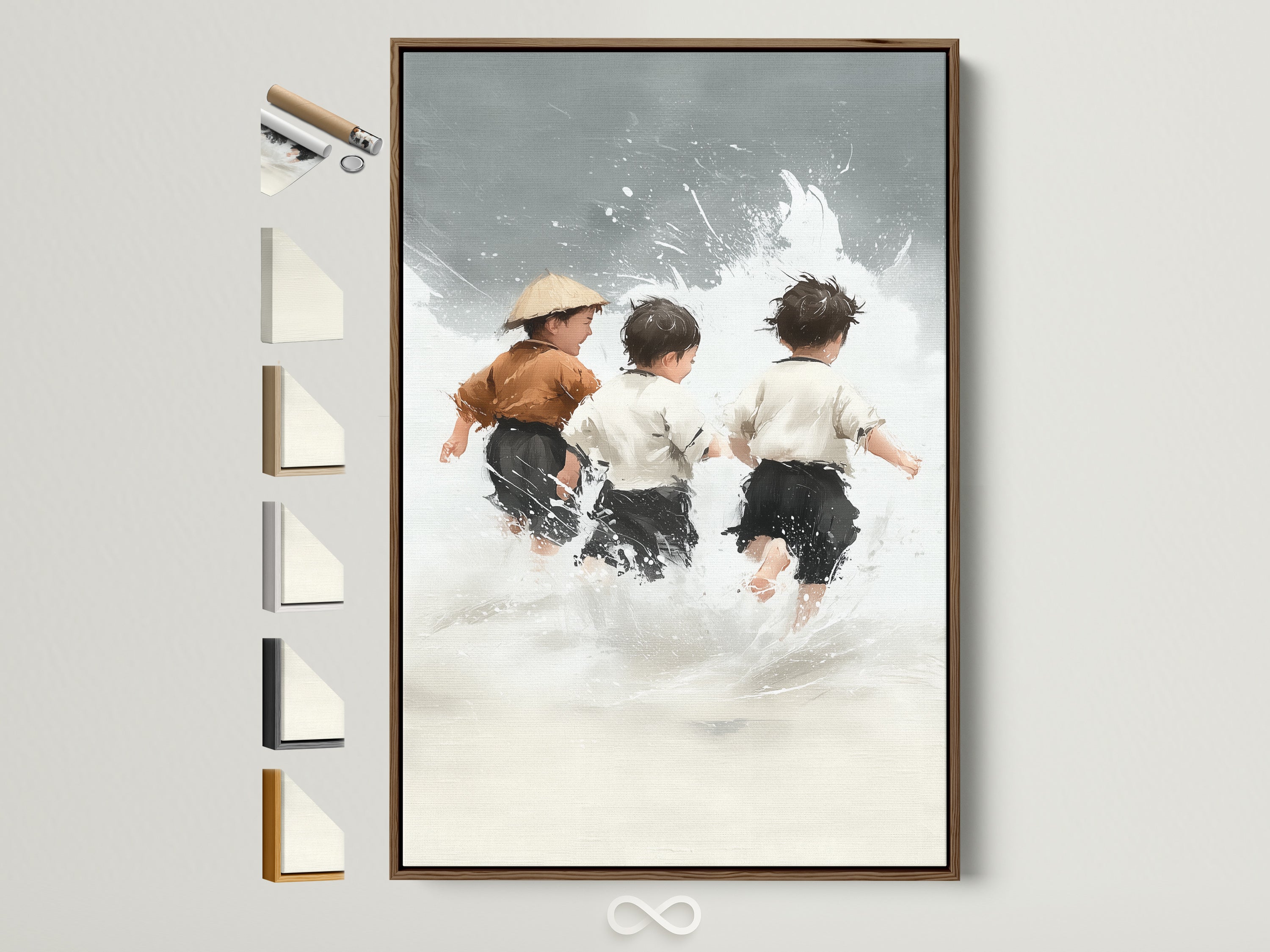 Children at Play artwork with a brown frame. Explore framed artwork options for nursery wall decor. This coastal wall art features neutral tones. Perfect for kids' rooms and beach-themed spaces. Find the ideal seascape print to complete your home decor. View all frame colors here.