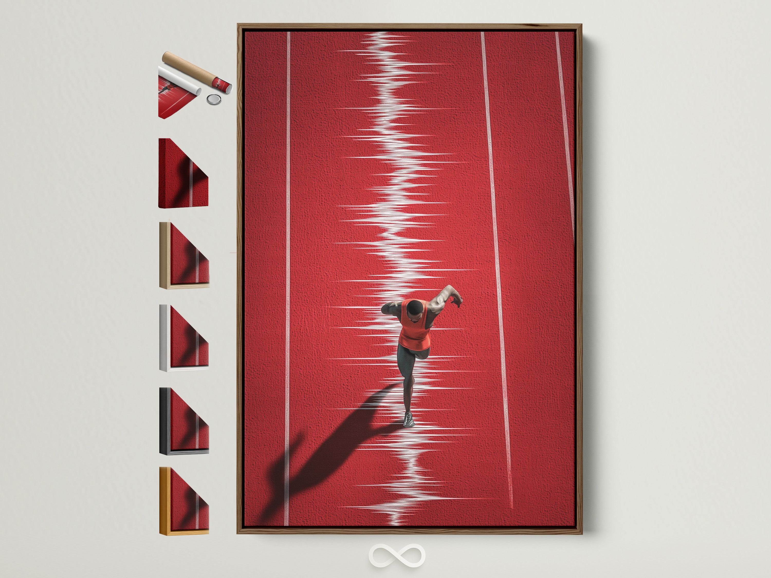 Artwork of a runner in a brown frame. The art piece is displayed with all frame options available. See all our frame styles. Find the perfect frame to match your aesthetic. Shop now.
