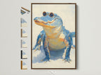Framed cool alligator artwork with a brown frame. The whimsical animal wall art features a quirky wildlife poster. See all frame options available on the side. Perfect kids room and nursery decor.