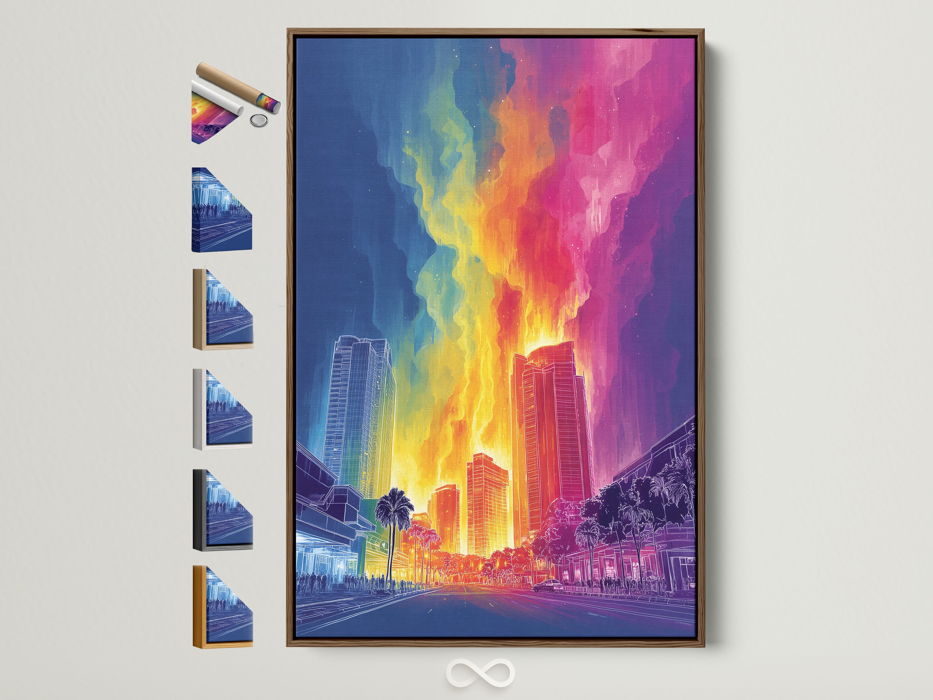 Neon Cityscape artwork with a brown frame. The artwork is a vibrant urban scene. The frame is a light brown wood. Several frame options are displayed next to the framed artwork. It is a retro synthwave poster. Perfect for adding a pop of color to your home or office decor.