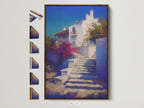 Mediterranean Village artwork with a brown frame. The artwork captures a Greek Island staircase print. It is coastal wall decor for a bedroom with blue and white artwork. Frame options are displayed on the side.