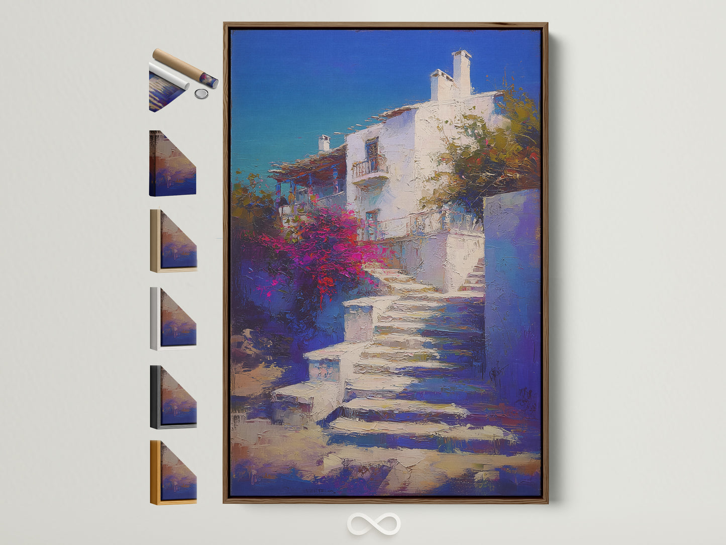Mediterranean Village artwork with a brown frame. The artwork captures a Greek Island staircase print. It is coastal wall decor for a bedroom with blue and white artwork. Frame options are displayed on the side.