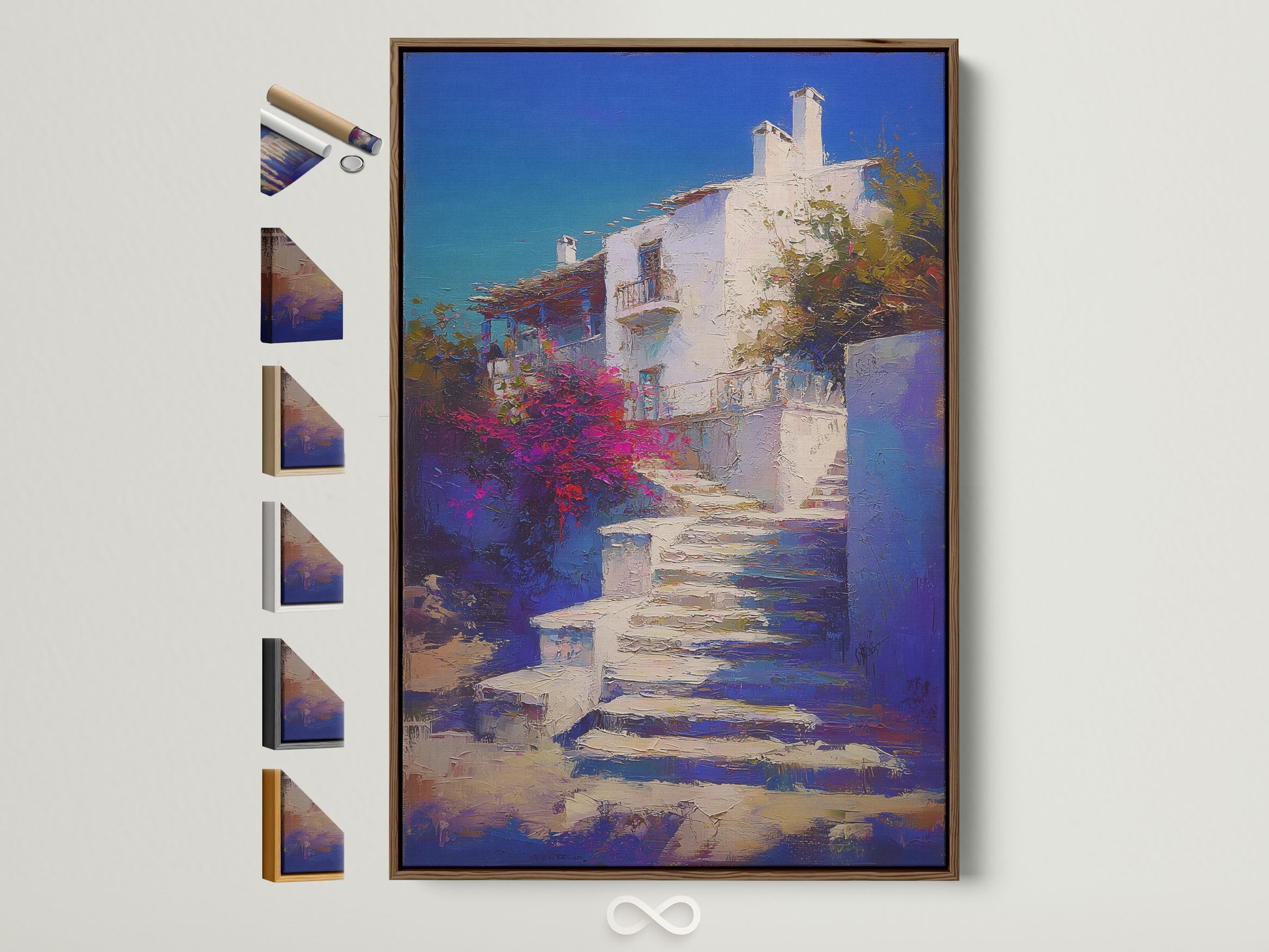 Mediterranean Village artwork with a brown frame. The artwork captures a Greek Island staircase print. It is coastal wall decor for a bedroom with blue and white artwork. Frame options are displayed on the side.