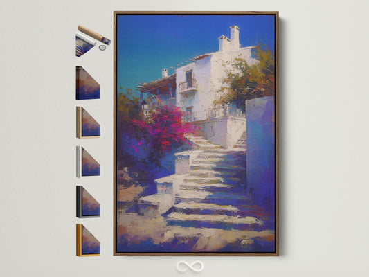 Mediterranean Village artwork with a brown frame. The artwork captures a Greek Island staircase print. It is coastal wall decor for a bedroom with blue and white artwork. Frame options are displayed on the side.
