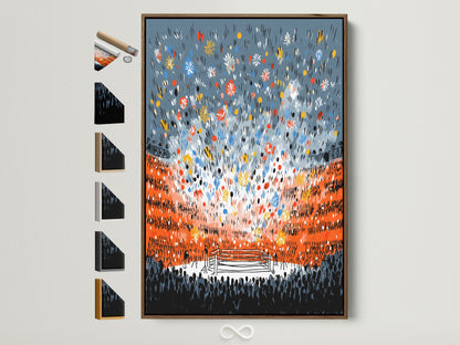 Framed boxing canvas artwork with multiple frame options displayed. Brown frame showcases the vivid colors of the fight night scene. See available frame styles for your sports art.  Perfect for a man cave or sports bar adding an elevated modern style.
