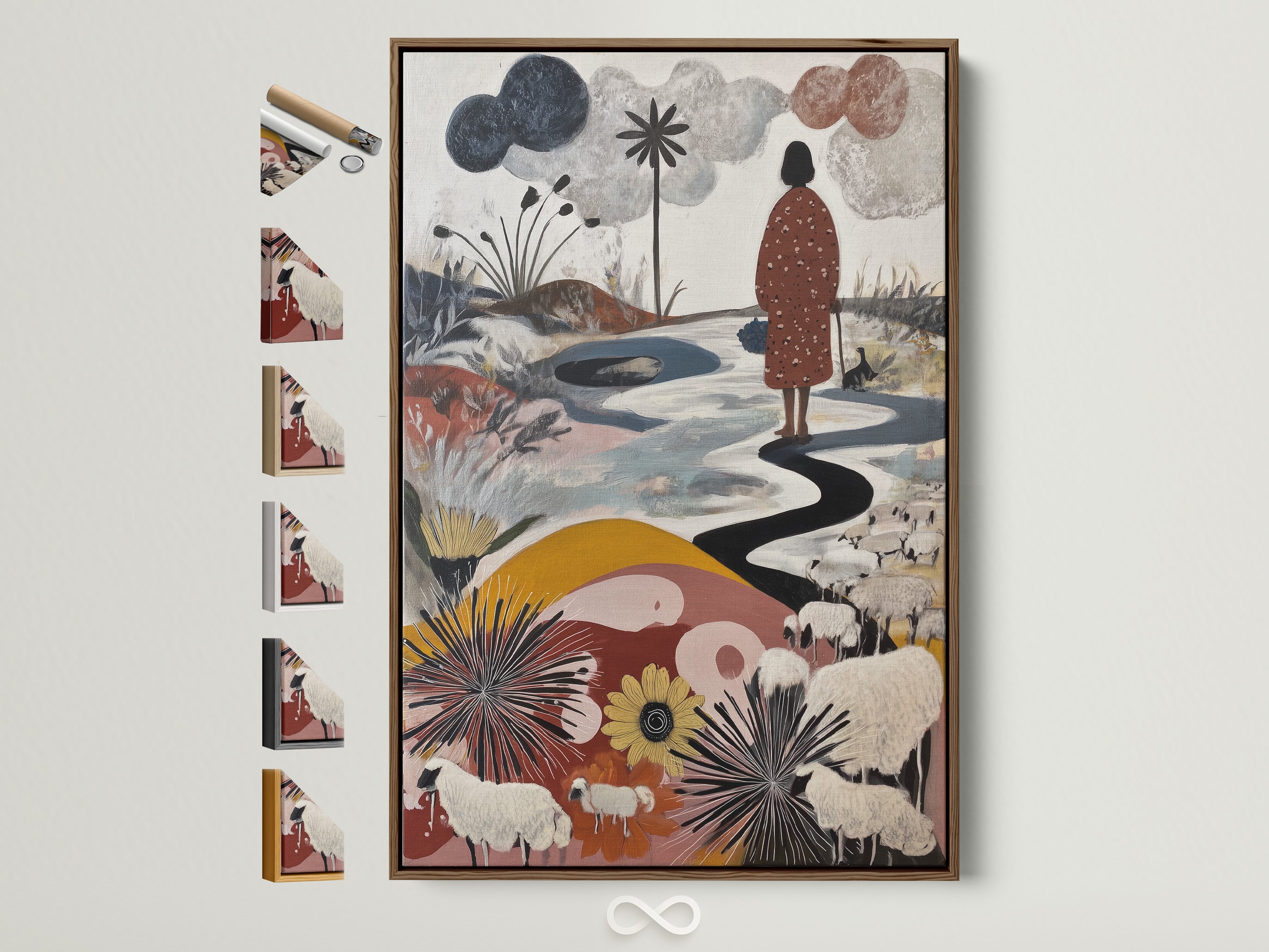 Artwork with a brown frame is displayed against a white wall. The artwork features a figure walking along a winding path. Sheep graze in a field of flowers. Explore our framing options to find the perfect match for your art.