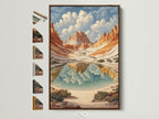 Southwest Landscape Wall Art in a brown frame is displayed in a brightly lit room. The desert canyon art print features terracotta mountains and a serene lake reflecting the sky. This artwork enhances bedroom decor with nature photography. Frame options are visible showcasing available styles.
