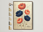 Floral canvas art print with a brown frame. This modern botanical artwork features navy blue and coral flowers. See all available frame options. Perfect modern wall decor for minimalist Scandinavian or contemporary aesthetics.