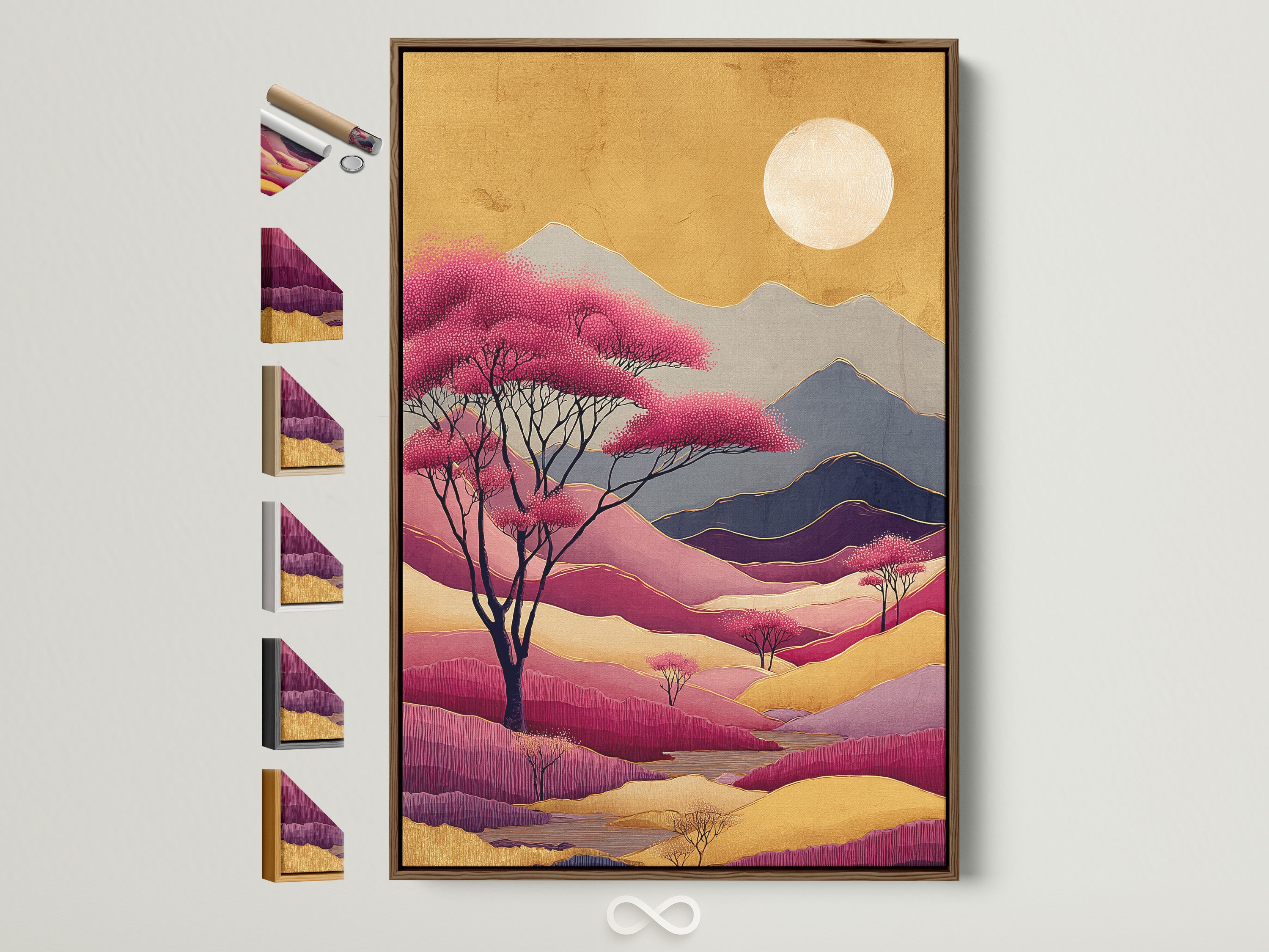 Abstract Mountain Artwork framed in brown is displayed with frame options. This pink purple landscape wall artwork is contemporary. Perfect bedroom wall decor. Discover modern nature prints. Ideal for minimalist and nature-inspired styles.