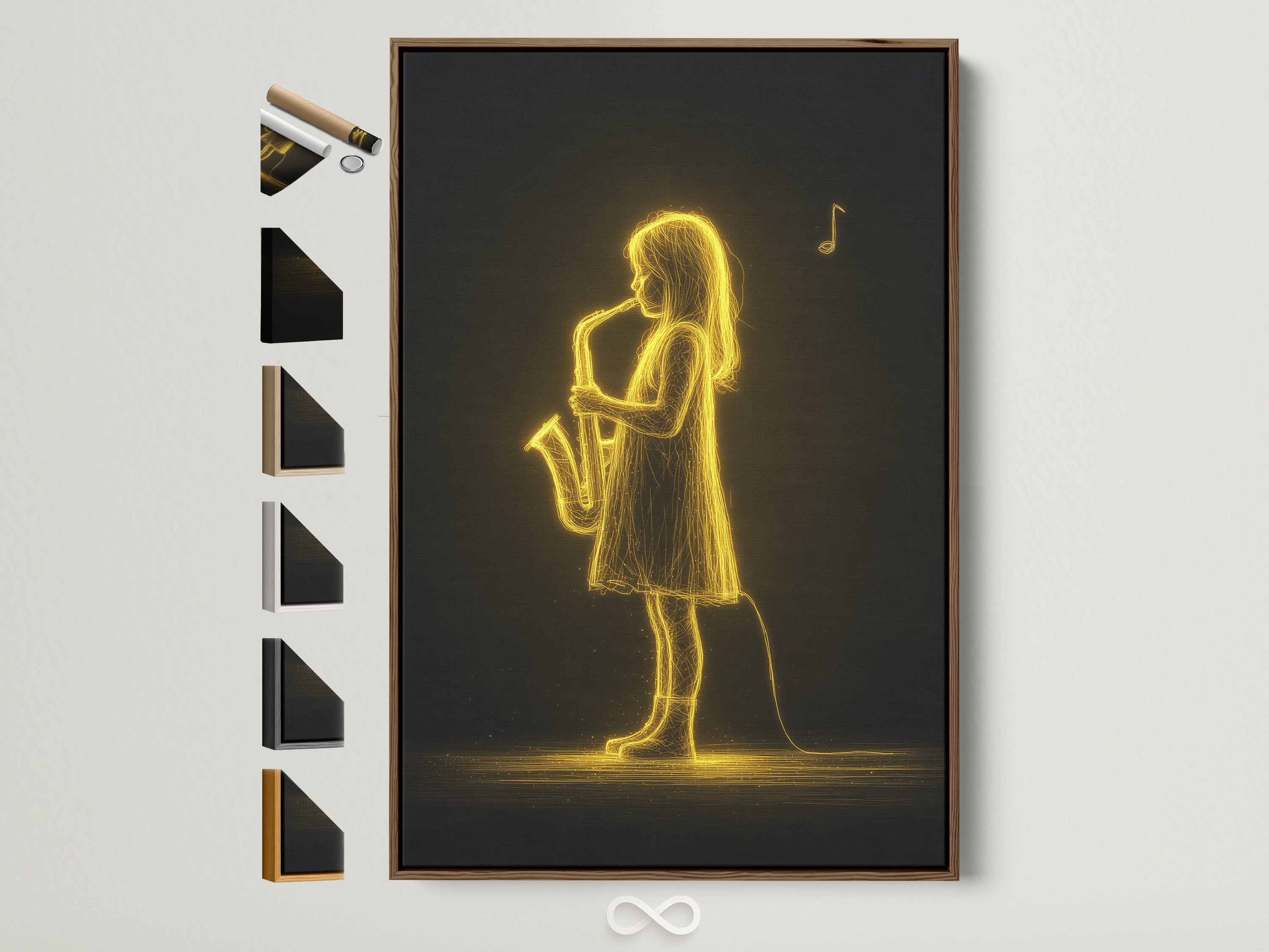 Explore frame options for the Saxophone Player Art Print. See the artwork beautifully displayed in a brown frame. Other frame styles are presented. Find the perfect frame to match your decor