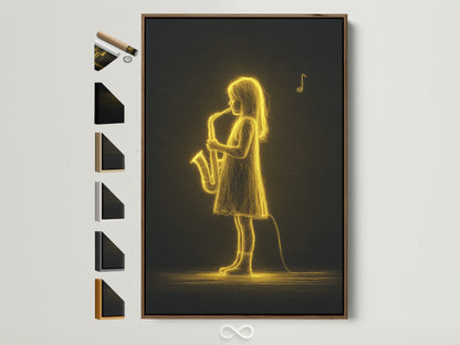 Explore frame options for the Saxophone Player Art Print. See the artwork beautifully displayed in a brown frame. Other frame styles are presented. Find the perfect frame to match your decor