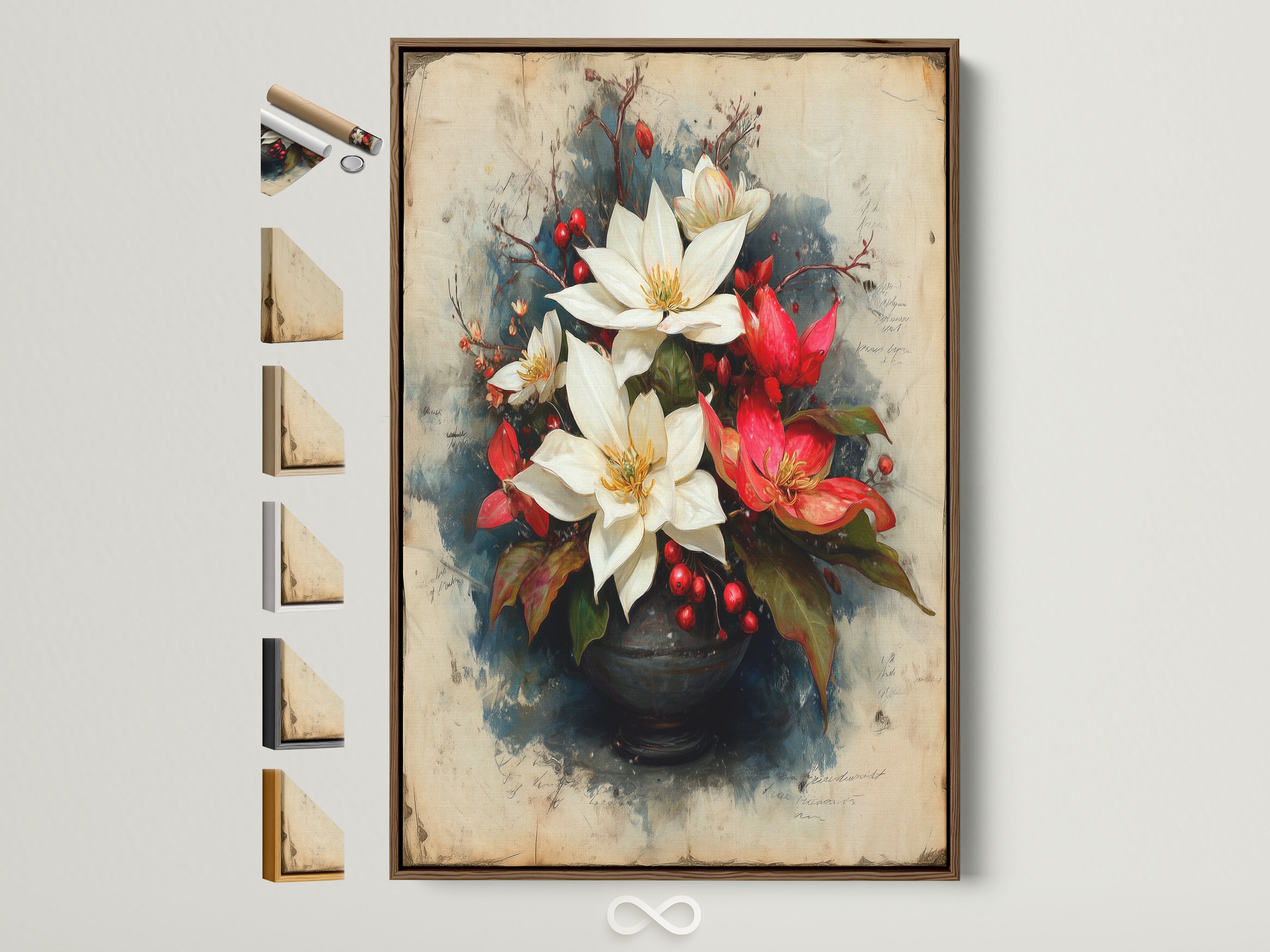 Poinsettia vintage floral wall art is displayed in a brown frame. See all frame options to enhance this red and white flower artwork. Perfect holiday decor or a dining room focal point. This botanical print is ideal as a Christmas gift.