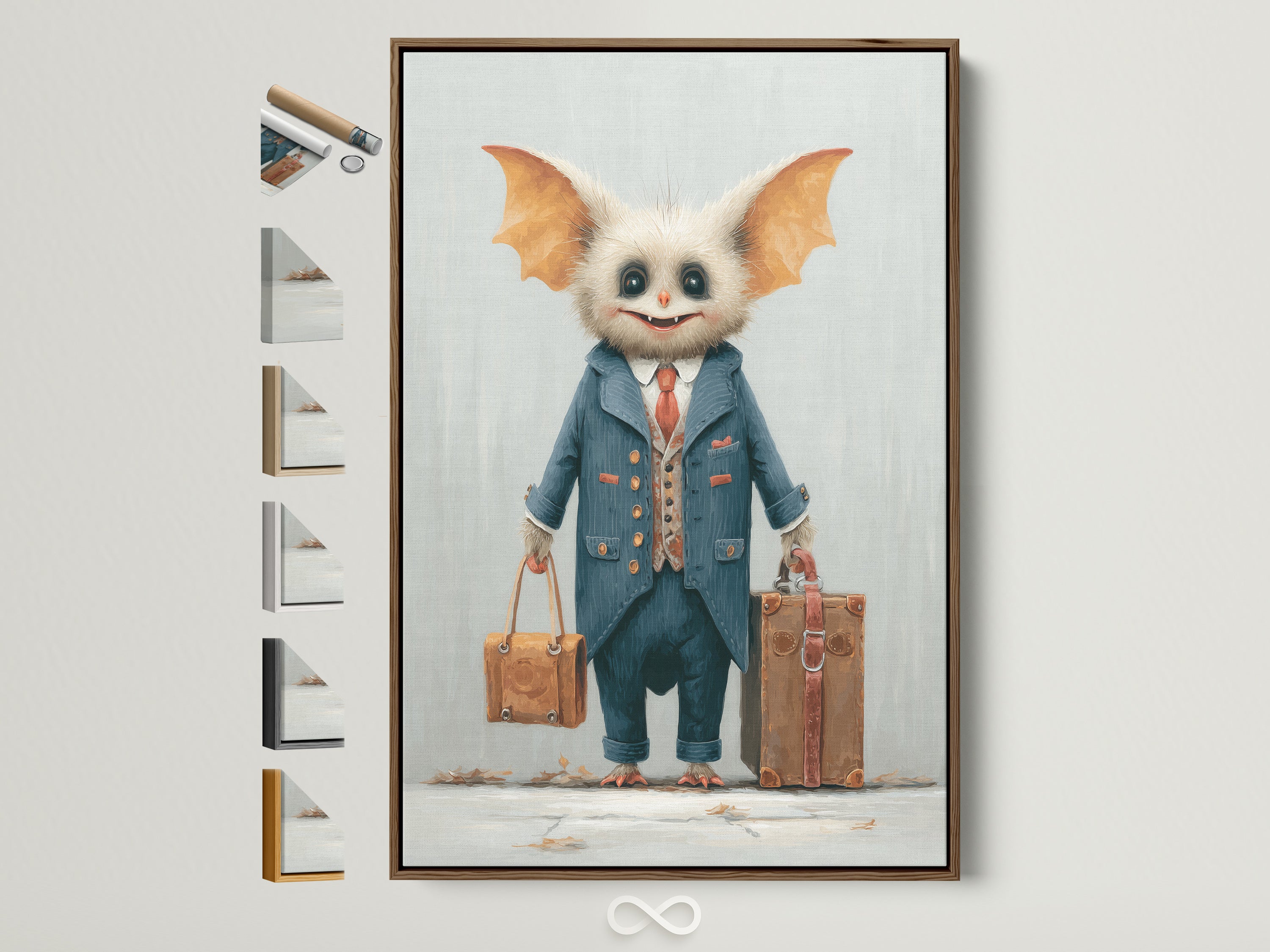 A whimsical monster travel art print is framed in a modern brown frame. The artwork shows a cute monster in a suit holding suitcases. It's ideal for kids' rooms or quirky offices. Frame options are displayed on the side. Add a playful touch to your decor with this oddity artwork.
