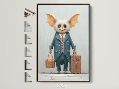 A whimsical monster travel art print is framed in a modern brown frame. The artwork shows a cute monster in a suit holding suitcases. It's ideal for kids' rooms or quirky offices. Frame options are displayed on the side. Add a playful touch to your decor with this oddity artwork.