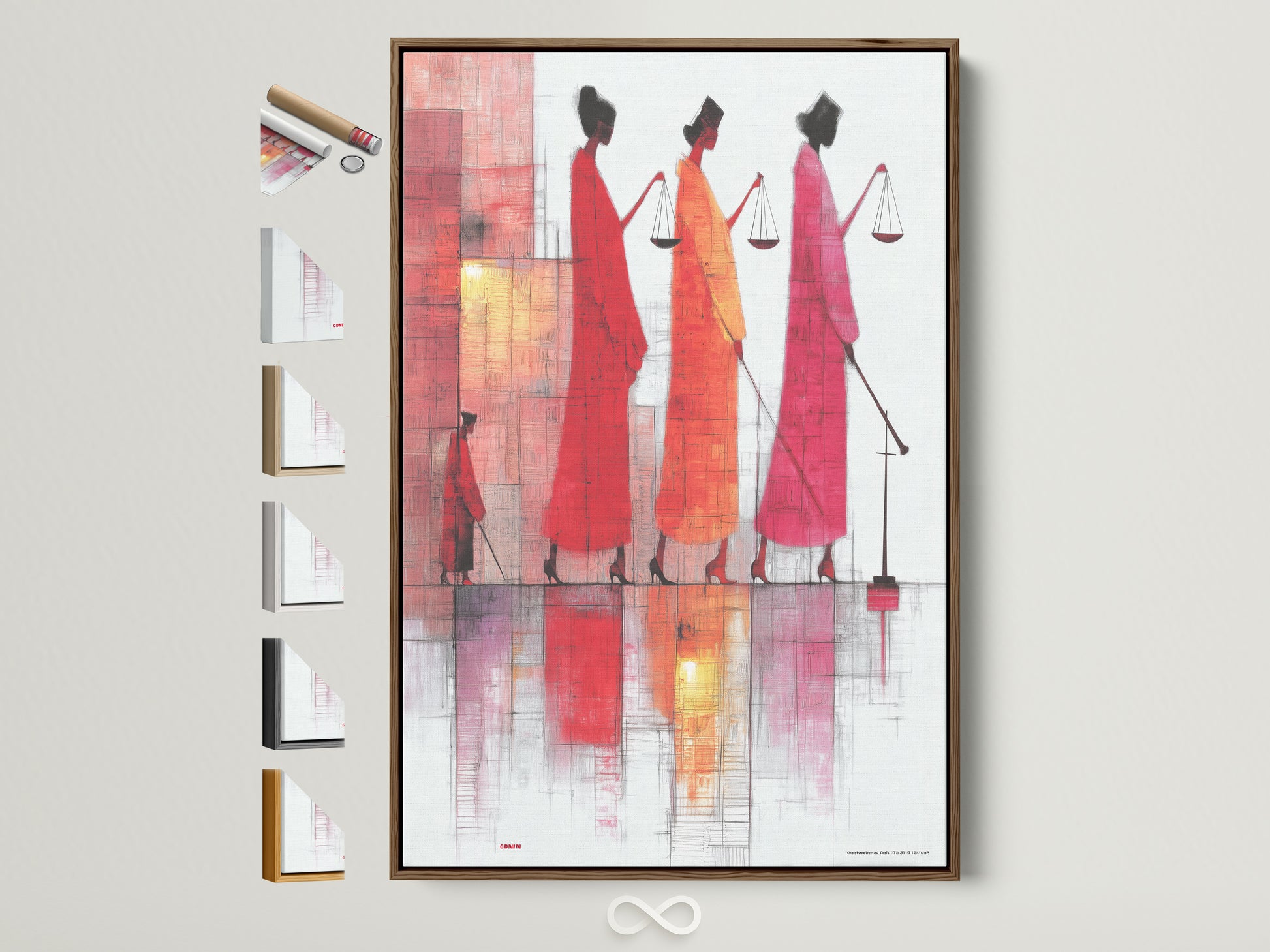 Justice Scales artwork with a brown frame. The art features figures in red orange and pink robes. Each holds scales representing justice. A smaller figure walks ahead adding depth. See all available framing options for this legal wall art.