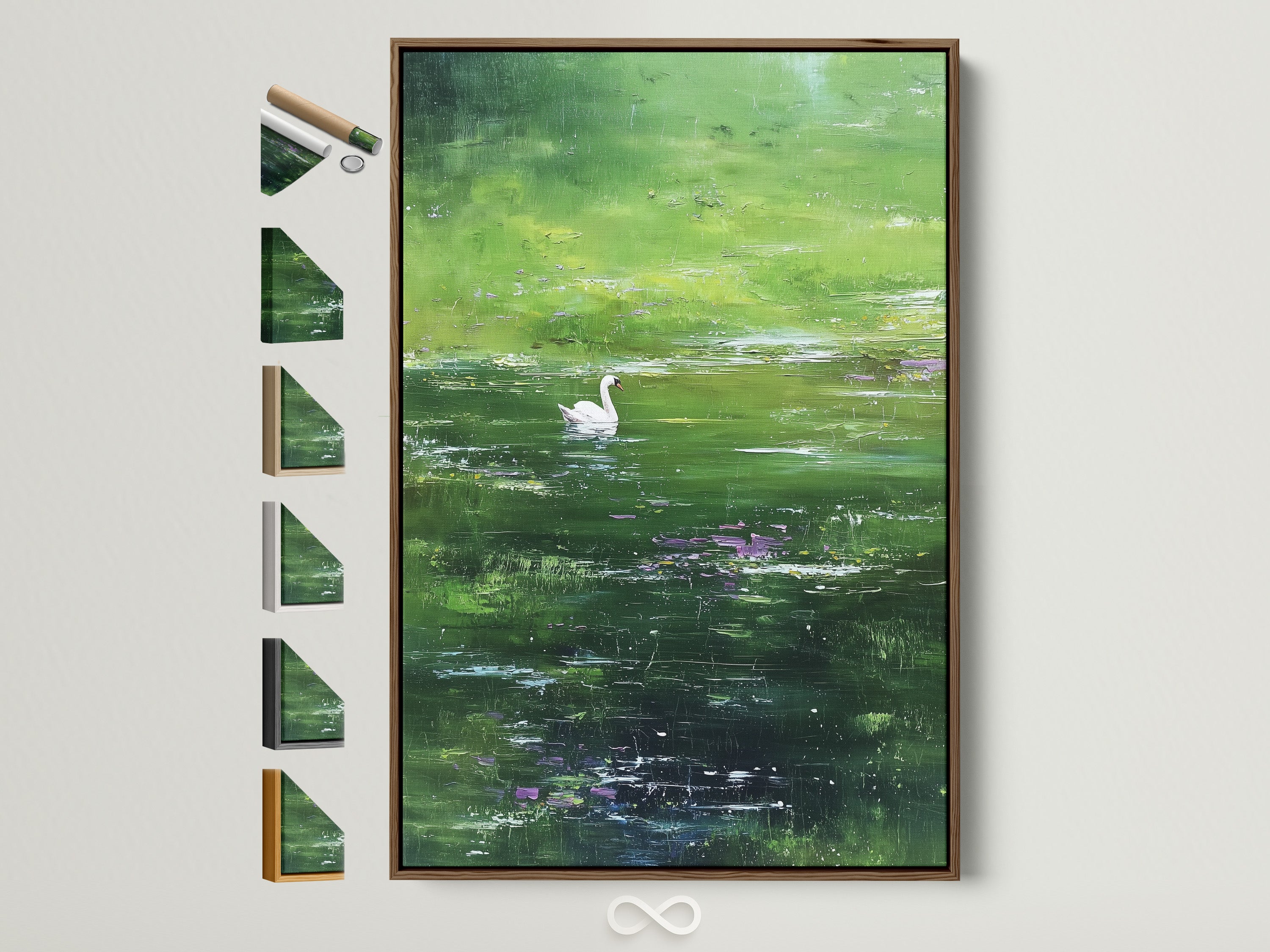 Brown frame is displayed. All frame options are on the side. A swan swims peacefully in a pond. The artwork has a vibrant green hue. The art is framed in a brown frame. It adds a touch of nature to the room.