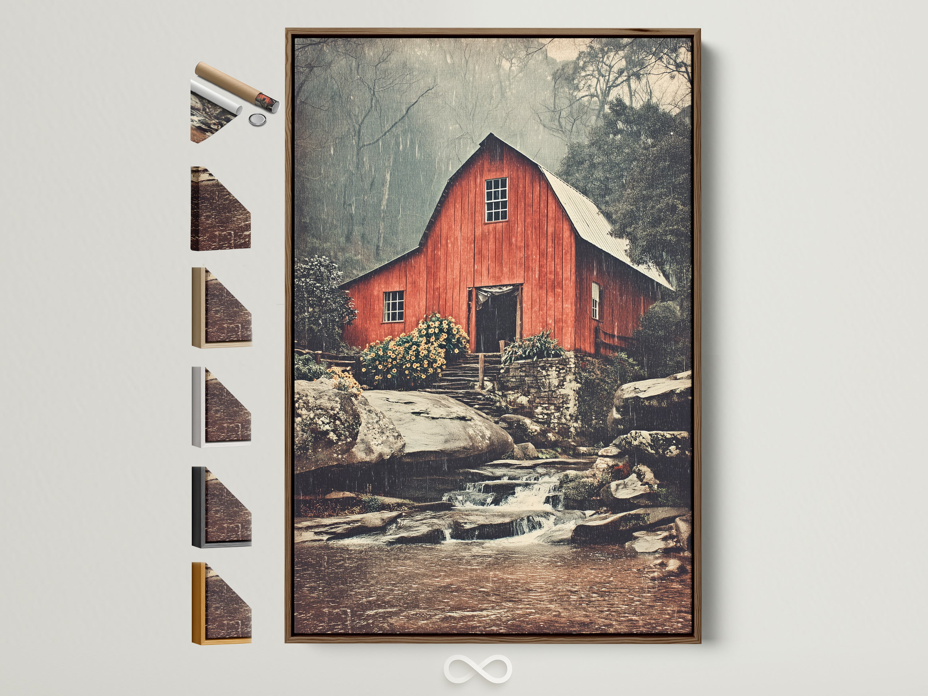 A rustic farmhouse wall art piece with a red barn and a flowing stream is displayed in a brown frame. See all frame options on the side. Perfect vintage country landscape poster for kitchen wall decor.