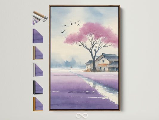 A serene watercolor landscape featuring a pink cherry blossom tree and a traditional Japanese house. The artwork is framed in a light brown frame. Multiple frame options are displayed on the side. This Violet Lavender Field Print brings tranquil Asian landscape vibes to any space.