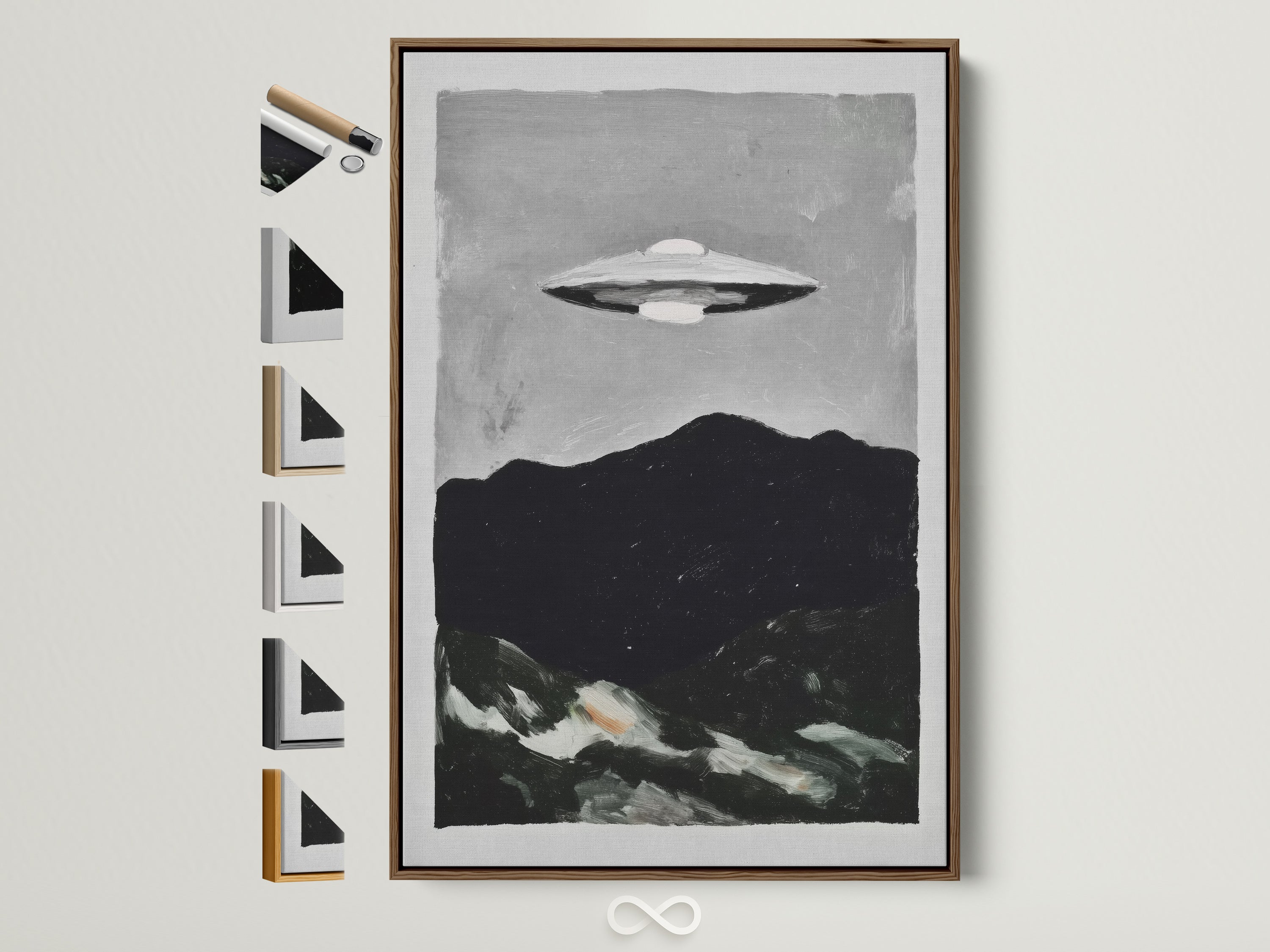 UFO Sci-Fi art print in a brown frame. This retro space canvas print adds a minimalist touch to any office decor. See all frame options available. Perfect for lovers of extraterrestrial art and vintage space prints.