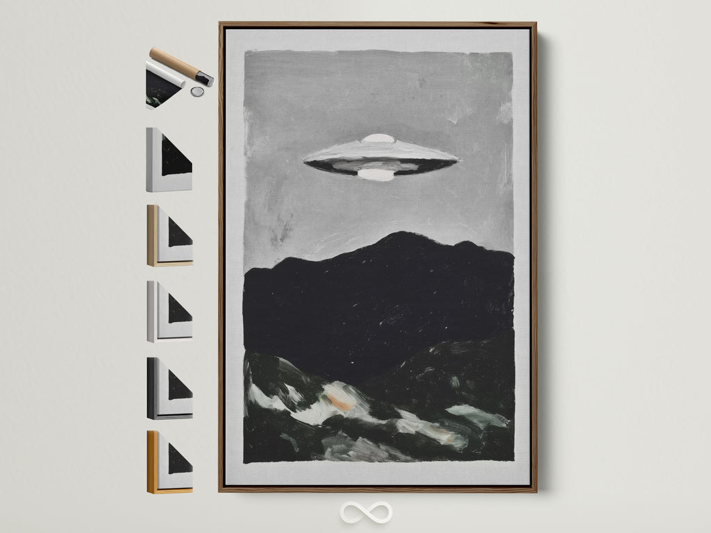 UFO Sci-Fi art print in a brown frame. This retro space canvas print adds a minimalist touch to any office decor. See all frame options available. Perfect for lovers of extraterrestrial art and vintage space prints.