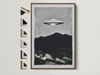 UFO Sci-Fi art print in a brown frame. This retro space canvas print adds a minimalist touch to any office decor. See all frame options available. Perfect for lovers of extraterrestrial art and vintage space prints.