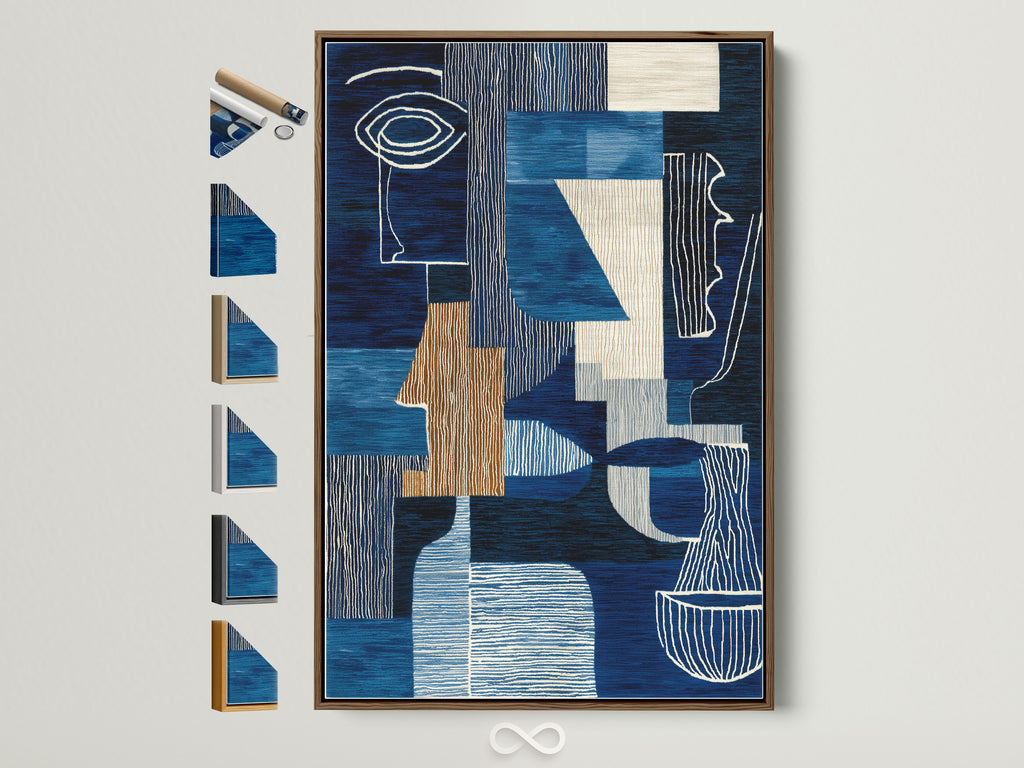 A captivating abstract blue artwork framed in a brown wooden frame. Discover a range of frame options displayed beside it. Perfect for adding a modern touch to living rooms bedrooms offices and more. Elevate your space with our geometric prints today!