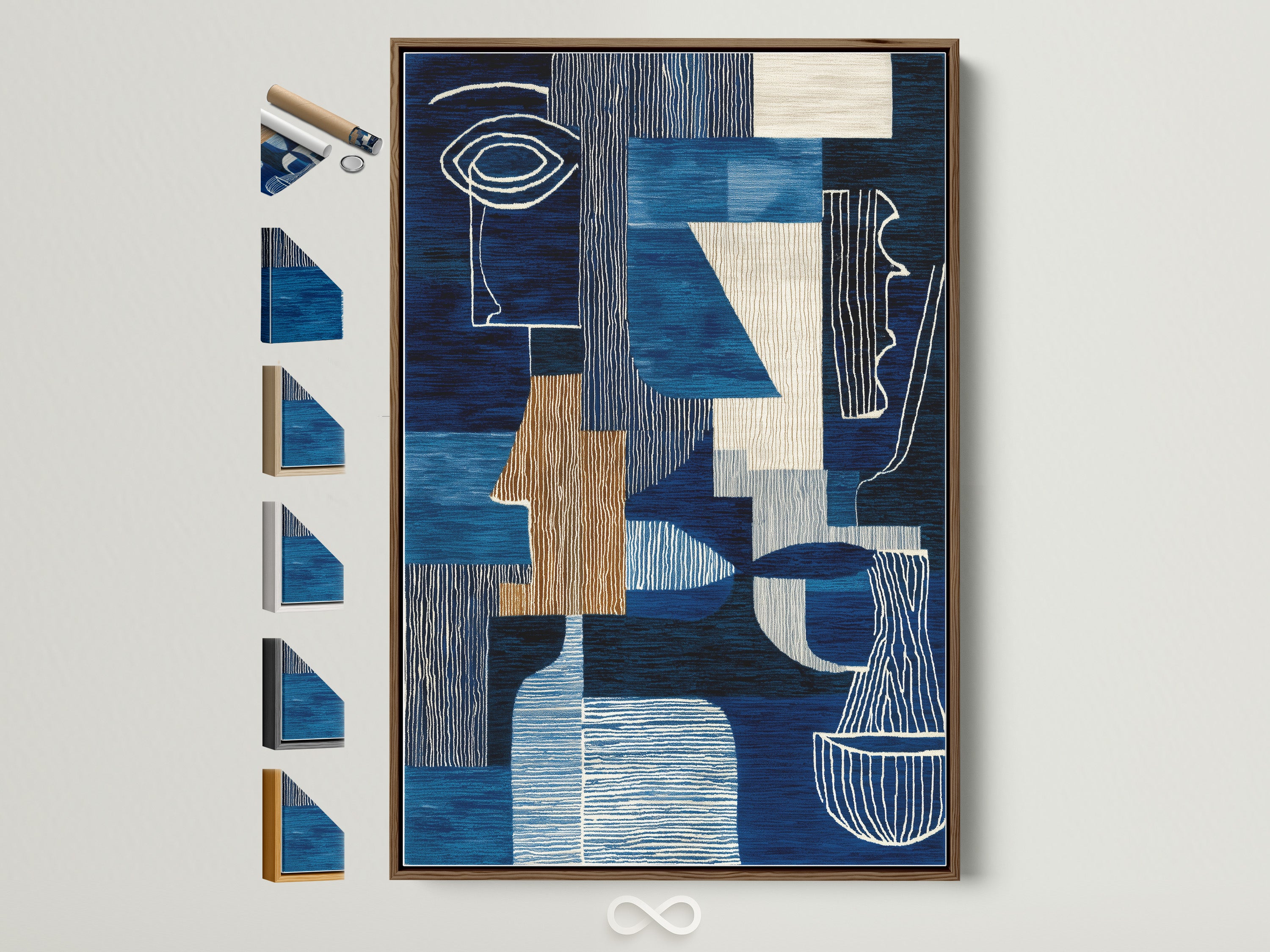 A captivating abstract blue artwork framed in a brown wooden frame. Discover a range of frame options displayed beside it. Perfect for adding a modern touch to living rooms bedrooms offices and more. Elevate your space with our geometric prints today!