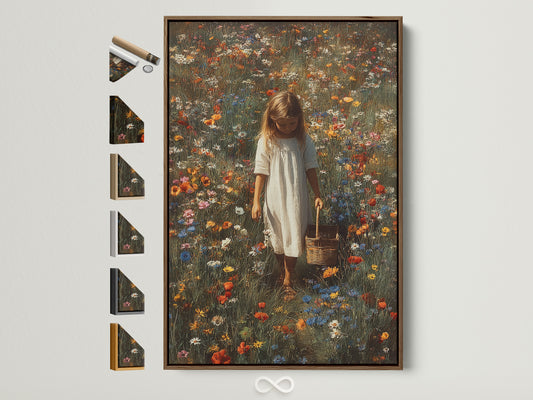 Brown frame art print. A framed artwork hangs on a white wall. The artwork features a girl with a basket in a field of wildflowers. Various frame options are displayed on the side. Find the perfect frame to complement your art.